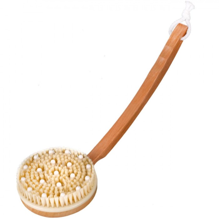Perie Masaj Baie, Model Rotund, M&acirc;ner Lung Lemn, Exfoliere și Masaj, 37cm