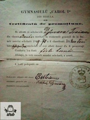 Certificat de studii 1870 Traian Djuvara Gimnaziul Carol I Braila foto