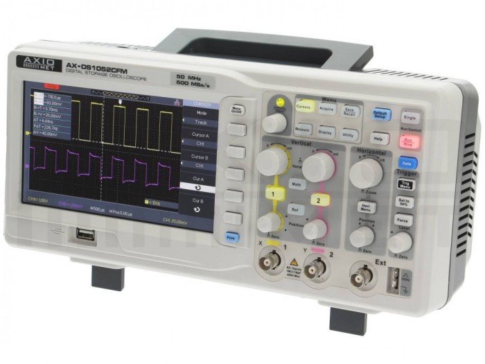 Osciloscop digital AX-DS1052CFM Osciloscop: digital; Ch: 2; 50MHz; 500Msps (&icirc;n timp real); 32kpts proiectat pentru Spectru FFT