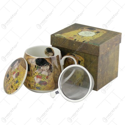 Cana portelan cu infuzor metalic si capac 430 ml, Gustav Klimt &amp;bdquo;Sarutul&amp;rdquo;, in cutie decorativa foto