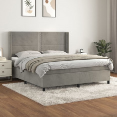 vidaXL Pat box spring cu saltea, gri deschis, 160x200 cm, catifea