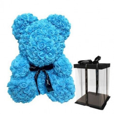 Ursulet floral albastru decorat cu trandafiri de spuma, 25 cm, cutie inclusa foto
