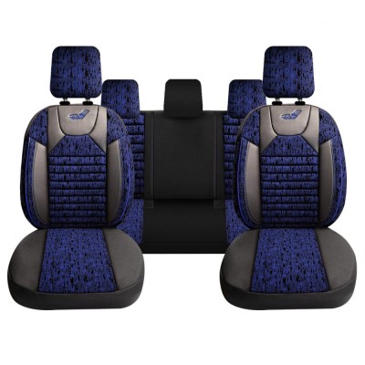 Set Huse Scaune Auto pentru Kia Ceed - Panda Kas, material textil cu piele ecologica, cu fermoare pentru bancheta rabatabila, albastru cu negru, 11 pi foto