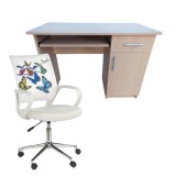 Set birou cu spatiu depozitare pentru scolari, Pal Melaminat, sertar, 2 rafturi, polita glisanta tastatura, fag si scaun HM Ibis Butterfly, stofa piel