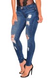 S692-444 Jeans cu talie inalta si rupturi decorative, M