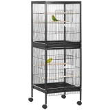 PawHut Colivie pentru Păsări cu 4 Roți Pivotante, Tăvi Detașabile și Recipiente din Plastic, 51.5x50x140 cm, Negru | Aosom Romania