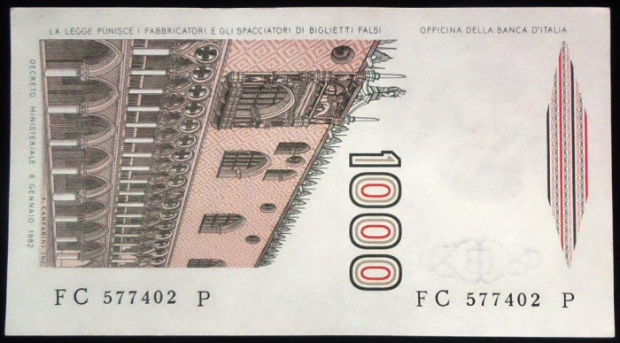 Bancnota 1000 LIRE - ITALIA, anul 1982 *cod 877 - UNC