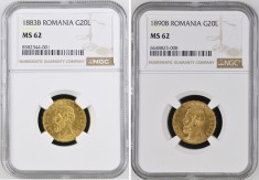 Lot monede AUR 20 lei 1883 MS62 si 20 lei 1890 MS62 , Carol I, grad foarte bun si RAR, MS62