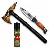 Cumpara ieftin Set topor SurvivormBriceag Automat din Oțel 440C si Spray Autoapărare NATO 39 cm/110 ml/37 cm, husa inclusa