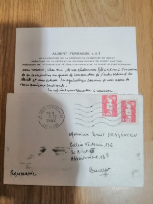 scrisoare Albert Ferrasse VP Federatiei Franceze de Rugby catre Emil Draganescu foto