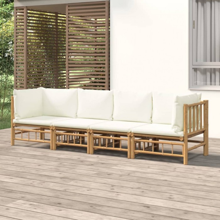vidaXL Set mobilier de grădină, cu perne alb crem, 4 piese, bambus 3155184