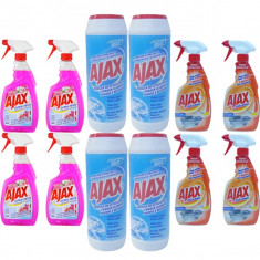 4 x Ajax, solutie bucatarie + Ajax, praf de curatat 450g + 4 x Ajax Geamuri