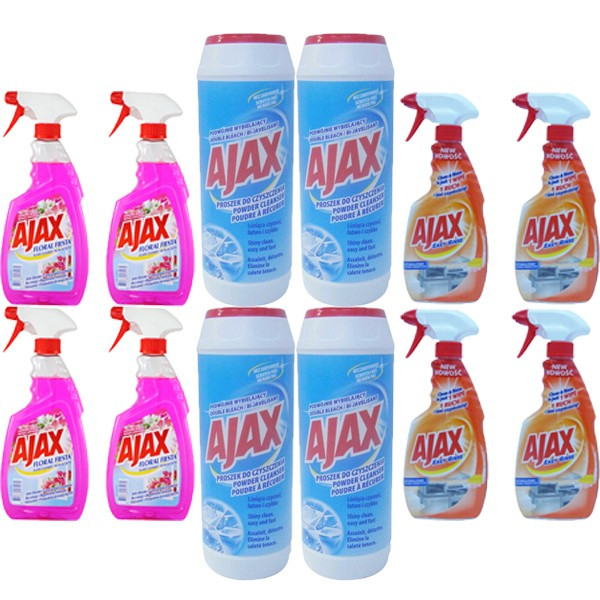 4 x Ajax, solutie bucatarie + Ajax, praf de curatat 450g + 4 x Ajax Geamuri