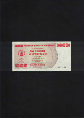 Zimbabwe 500000000 500 milioane 500 000 000 dolari dollars 2008 unc seria6079119 foto