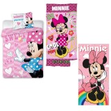 Set Minnie Mouse 3 in 1 , Lenjerie de pat cu Husa pentru pilota, 1 fata de perna si 2 prosoape 70 x 140 cm, Roz, Oem
