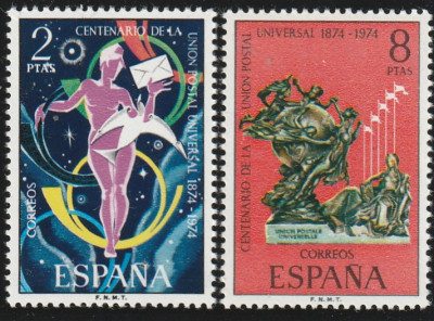 Spania 1974-Centenar U.P.U.,1874-1974,serie 2 valori dantelate,MNH,Mi.2106-2107 foto