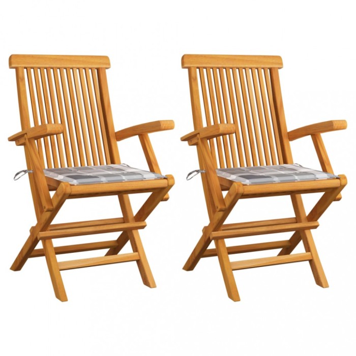 Scaune gradina, perne gri model carouri, 2 buc, lemn masiv tec