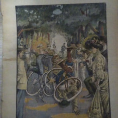 Ziarul Veselia : CIOCNIREA A DOI BICICLIȘTI - gravură, 1906