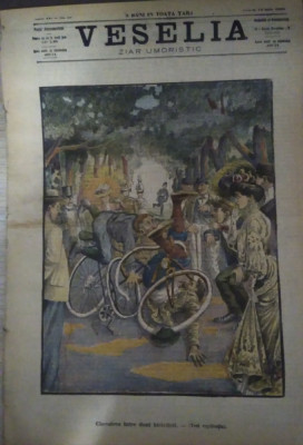 Ziarul Veselia : CIOCNIREA A DOI BICICLIȘTI - gravură, 1906 foto