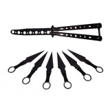 Cumpara ieftin Set Briceag fluture si sase cutite de aruncat, Black Fury, IdeallStore&reg;, otel inoxidabil, negru