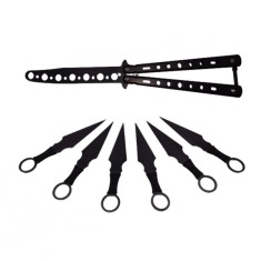 Set Briceag fluture si sase cutite de aruncat, Black Fury, IdeallStore&reg;, otel inoxidabil, negru