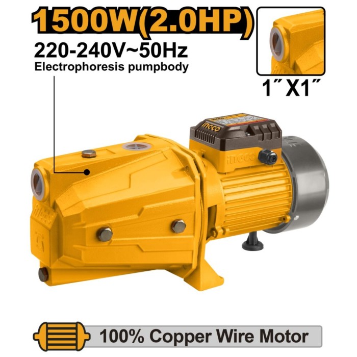 Pompa apa cu jet 1500 w, inaltime 60 m, adancime 9 m, 100 l/min, pt hidrofor - Ingco JP15008