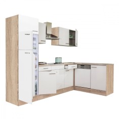 Dulap de bucătărie de colț Yorki 280, corp din stejar Sonoma, față alb satinat, frigider cu congelator superior