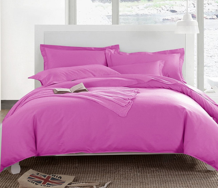 Lenjerie de pat pentru o persoana cu husa elastic pat si fata perna dreptunghiulara, Levi, bumbac ranforce, gramaj tesatura 120 g/mp, roz