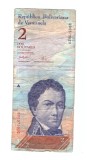 Bancnota Venezuela 2 bolivares 24 mai 2007, circulata, uzata