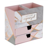 Organizator Birou Carton, 2 Sertare și 2 Suporturi Pixuri, Roz Gri, Dimensiuni 17x9x17 cm, Oem