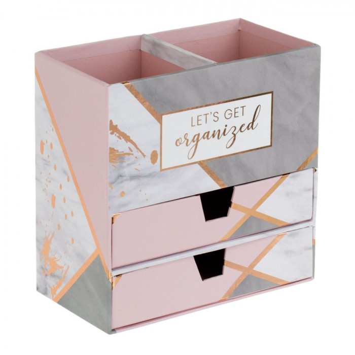 Organizator Birou Carton, 2 Sertare și 2 Suporturi Pixuri, Roz Gri, Dimensiuni 17x9x17 cm