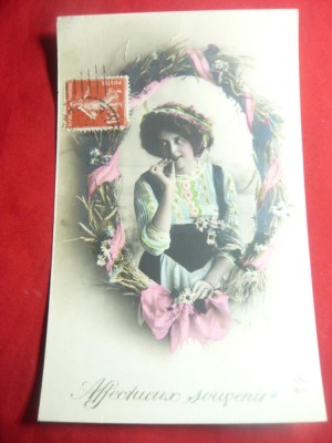 Ilustrata TCV circulat Franta 1919 -Tanara intre flori si panglici foto