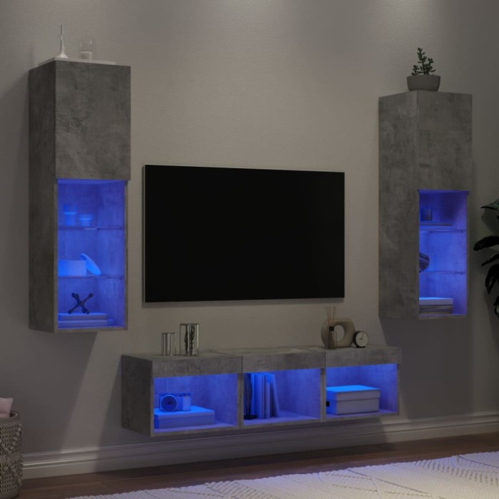 vidaXL Unități TV de perete cu LED-uri 5 piese gri beton lemn compozit