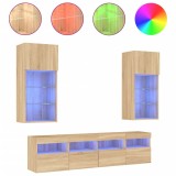 Cumpara ieftin Unitati de perete TV cu LED-uri, 5 piese, stejar sonoma, lemn