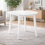 Masa living si bucatarie extensibila Philadelphia, MDF, structura lemn masiv, rotunda, 4 persoane, 55 90 x 90 x 74 cm, alb