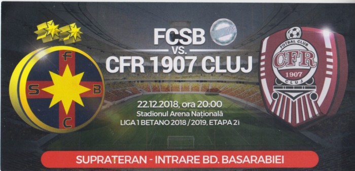 M5 - BILET ACCES PARCARE - FCSB STEAUA - CFR 1907 CLUJ - 22 12 2018