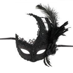 Mască Deghizare Femei, Fancy, Negru, Dantelă, Glitter, Trandafir și Pene Negre, Polirasina