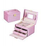Cutie eleganta pentru bijuterii, ceasuri sau accesorii, 20 de compartimente, oglinda si inchidere cu cheie culoare roz deschis, Oem