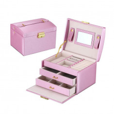 Cutie eleganta pentru bijuterii, ceasuri sau accesorii, 20 de compartimente, oglinda si inchidere cu cheie culoare roz deschis