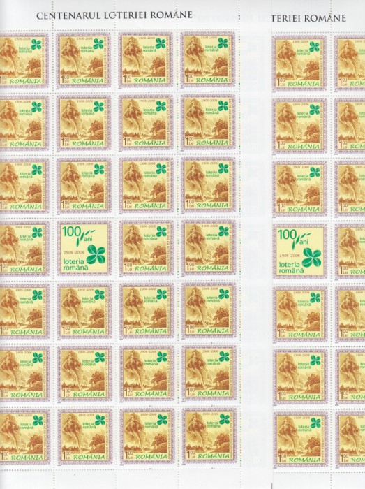 ROMANIA 2006 LP 1737 CENTENARUL LOTERIEI ROMANE PERECHE COLI DE 27 TIMBRE +1 VINIETA POZITIE DIFERITA IN COALA STARE MNH