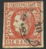 EROARE ROMANIA 1869 LP27 CAROL I CU FAVORITI 15 BANI cu retusuri / pata la ochi