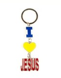 Breloc metalic tricolor si mesaj I Love Jesus, 11 x 3 cm