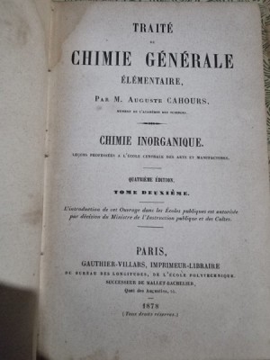 Traite de chimie generale elementaire - M. Auguste Cahours vol.II foto