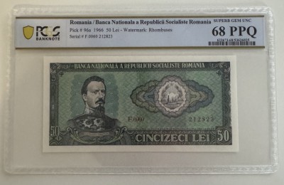 50 lei 1966 PCGS68 UNC Top Pop bancnota gradata foto