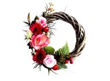 Coronita Handmade cu Flori Artificiale, Trandafiri si Crizanteme, Decorativa din Ratan, Diametru 20cm