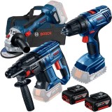 Bosch GBH 180-LI + GSR 180-LI + GWS 180-LI - Rotopercutor SDS-Plus 2 J + Masina de gaurit si insurubat 54 Nm + Set 2 acumulatori si incarcator Li-Ion