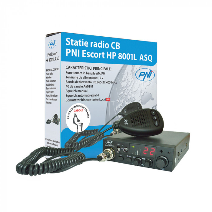 Kit Statie radio CB PNI ESCORT HP 8001L ASQ + Casti HS81 + Antena CB PNI ML100 cu magnet