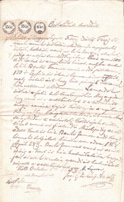 A3727N Contract de v&acirc;nzare-cumpărare, 1859, T&acirc;rgu Lăpuș, limba maghiară, timbru fiscal de 6 și 15 creițari