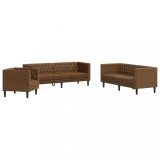 Set canapele Chesterfield cu 3 locuri, maro piele intoarsa eco.