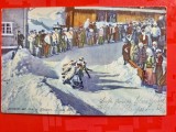 H372-I-Vedere de epoca color-Klosters, Elvetia- Statiune montata de Schi cu Bob cu multe personaje la linia de sosire a competitiilor.